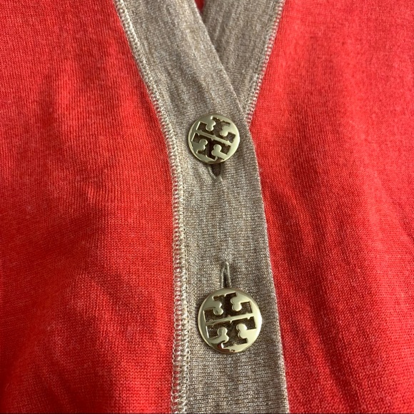 TORY BURCH Red Orange Tan Colorblock Merino Wool Knit Cardigan XS 30123102 - Picture 6 of 13